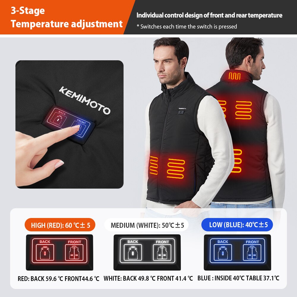 KEMIMOTO Winter Heated Jacket USB Heated Vest Battery Temperature Adjustable For Motorcycle Skiing Bike Hiking Washable