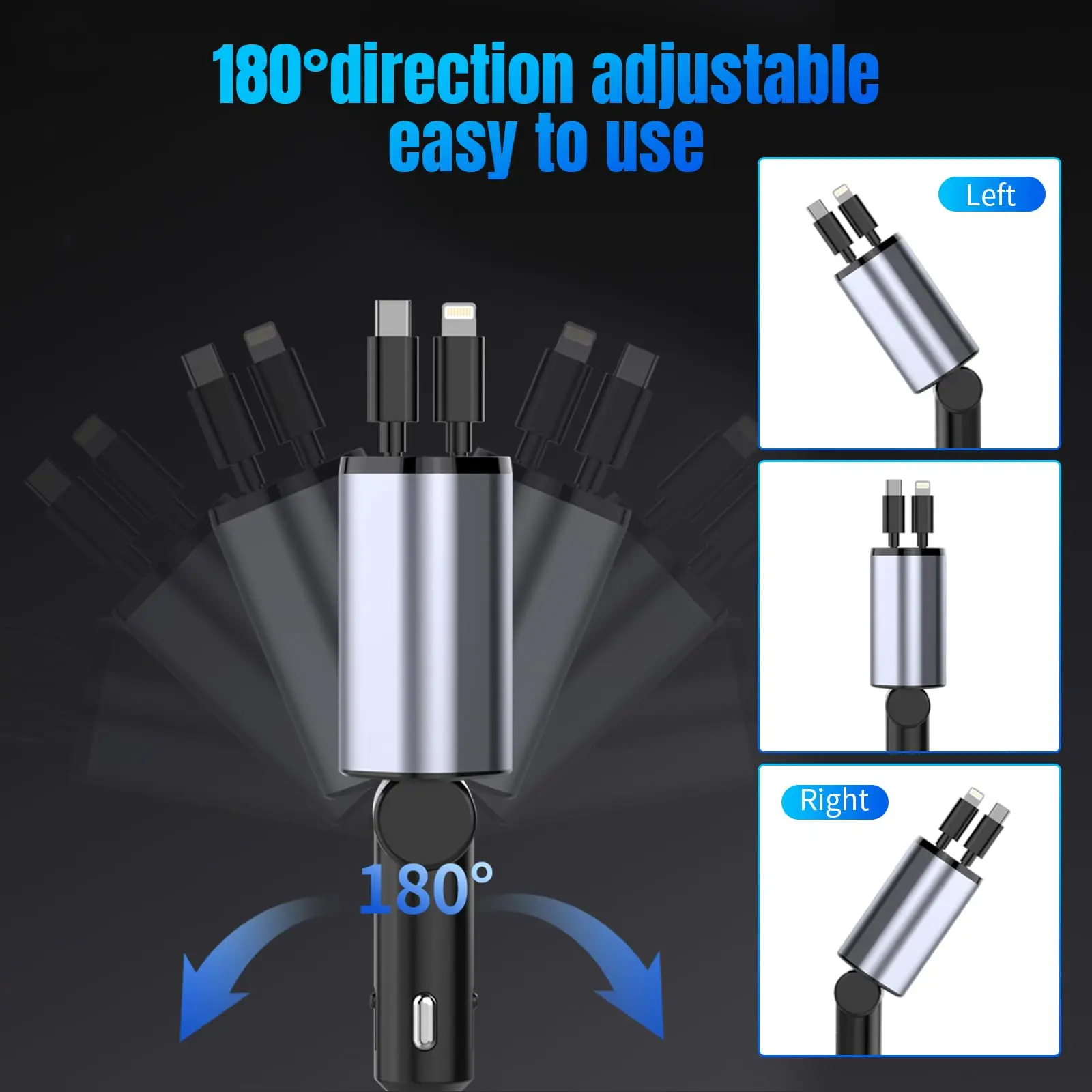 Intrekbare Autolader, 4 In 1 Snelle Autolader Met Snoer 2,6 Ft, Intrekbare Kabel En 2 Usb-Poorten Autolader Aanpassen