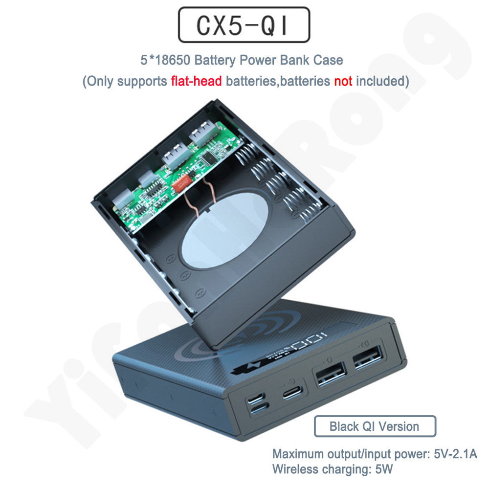 Quick Charge 5*18650 Power Bank Case 10W Wireless Charging USB Charger QC 3.0 PD DIY Shell 18650 battery Holder Charging Box: Wireless Black