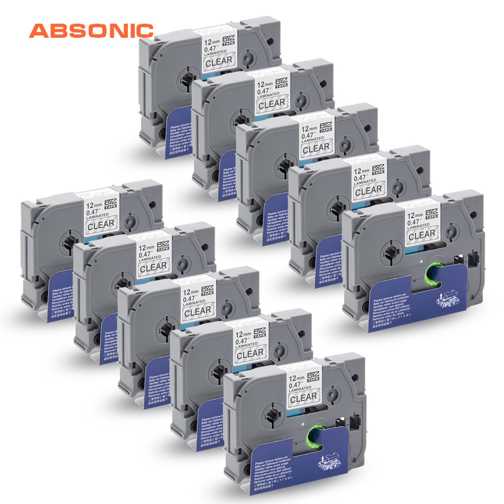 Absonic 10 stuks tze -131 tz-131 cassette lint gelamineerde tape voor brother p-touch pt -d210 pt-h110 etikettenmaker zwart op transparant 12mm