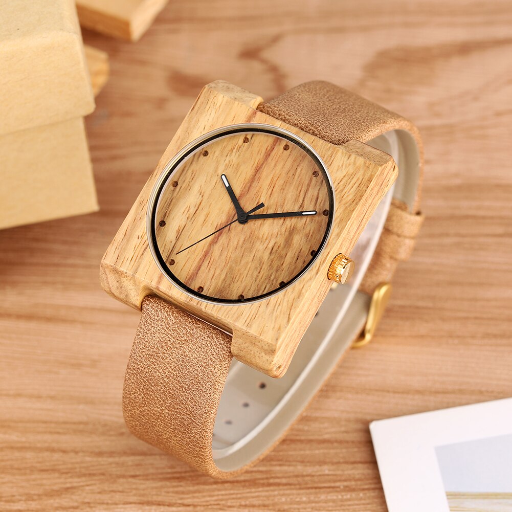 Houten horloges eenvoudig lichtgewicht bamboe polshorloge met bruine leren band vierkante wijzerplaat quartz uurwerk voor mannen vrouwen