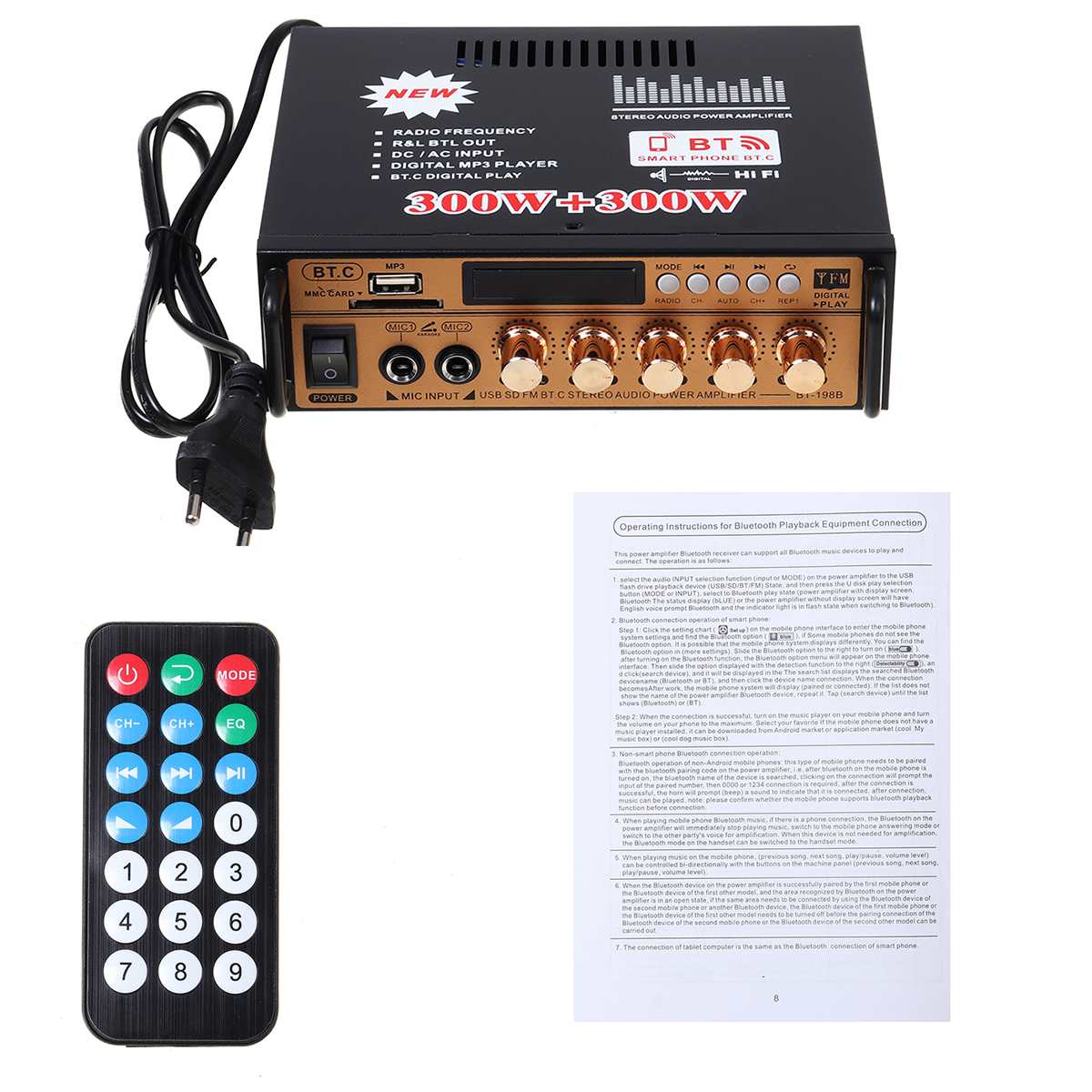 Bluetooth Power Stereo Audio Versterker 300W + 300W 2 Kanaals Fm Usb Sd Home Ktv Cinema Radio Muziek speler Klasse D Versterker Auto Amp