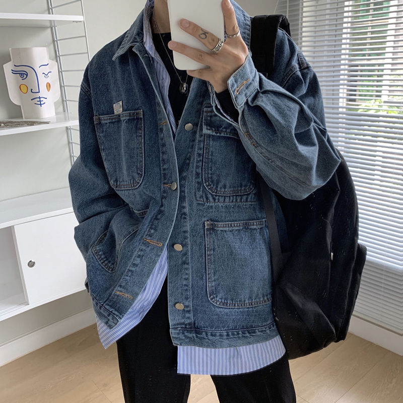 Katoen Blauw Denim Jas Heren Mode Retro Pocket Denim Jassen Heren Streetwear Losse Hip-Hop Bomberjack Mannen utility Jacket: L