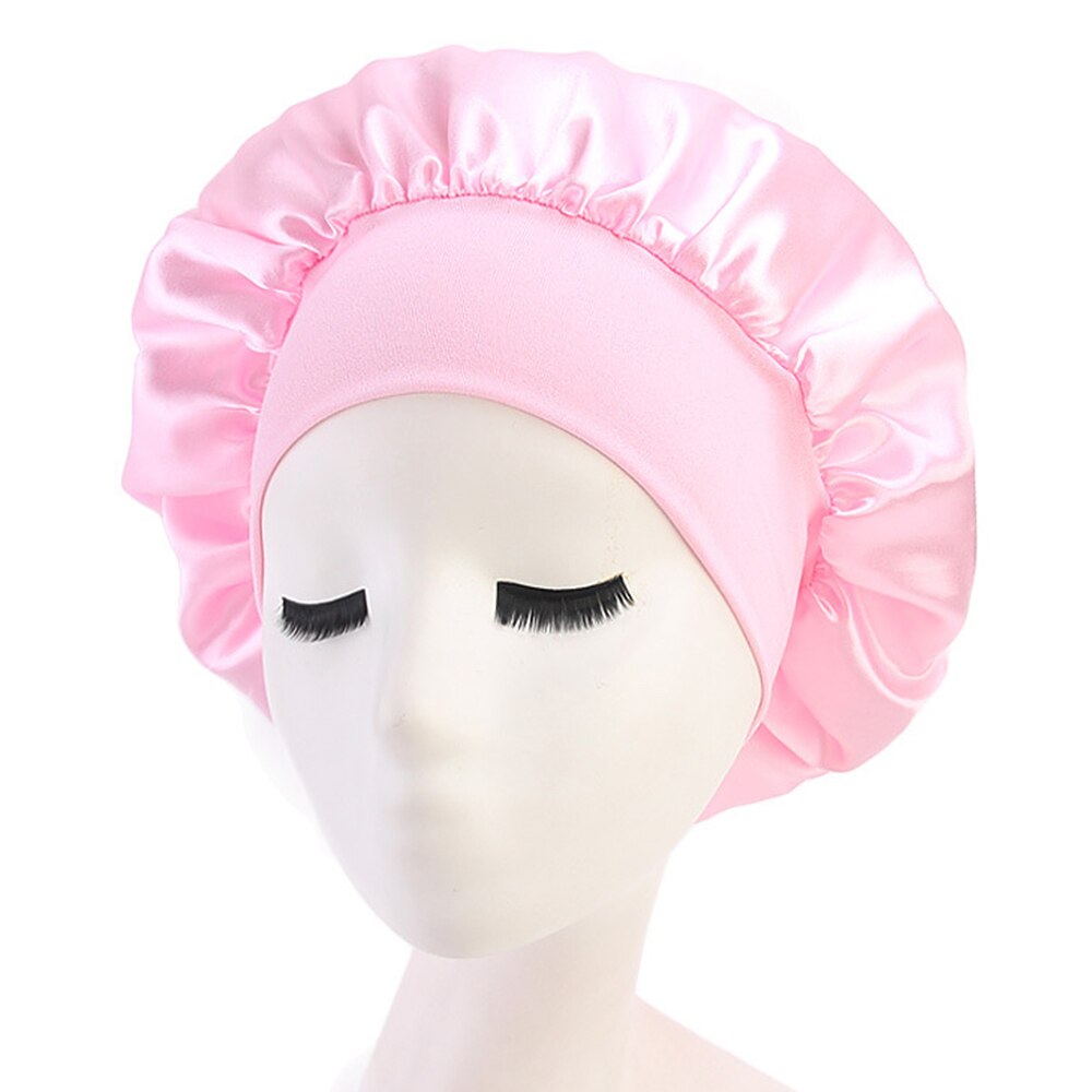 Solid Color Long Hair Care Women Satin Bonnet Cap Night Sleep Hat Silk Head Wrap Adjust Shower Caps Knitted Cap 58cm: 8