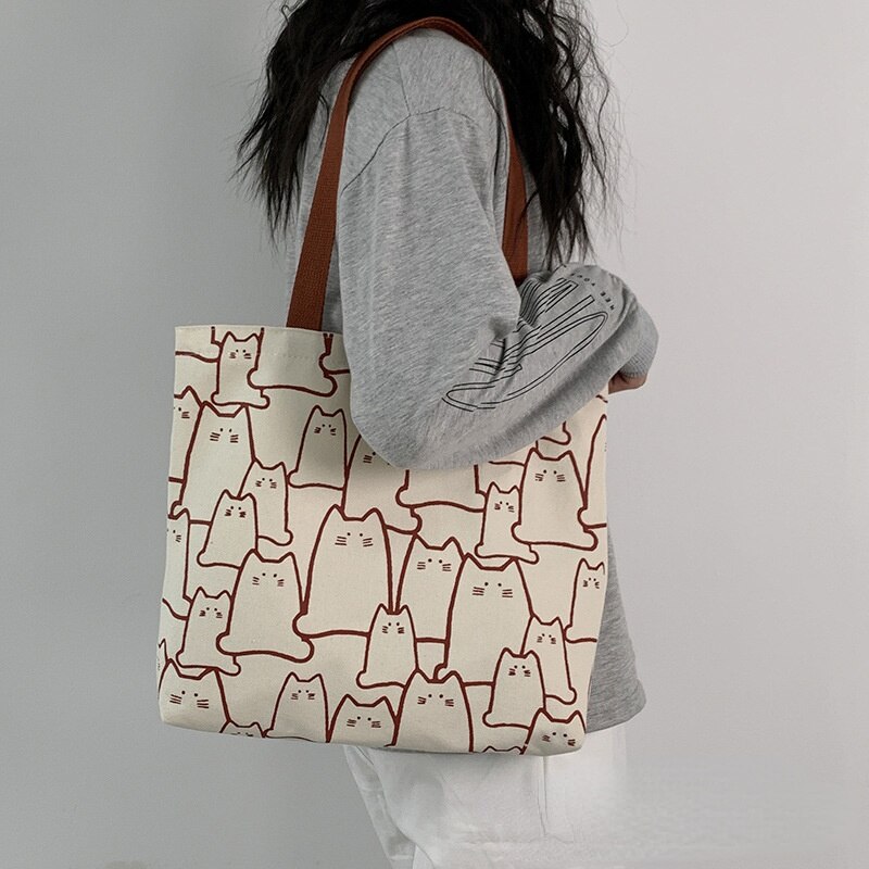 Sac à main en toile de grande capacité pour femmes, fourre-tout avec fermeture éclair, motif chat mignon, petit sac à bandoulière de styliste de Style japonais