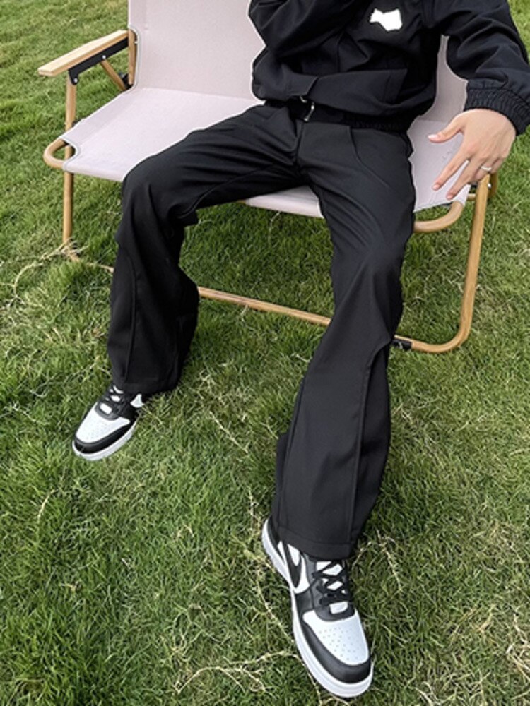 Pfnw Onregelmatige Wit Pak Broek Mannen Hihg Straat Casual Broek Lente Rechte Solid Cozy Flared Broek Mannelijke: black / L