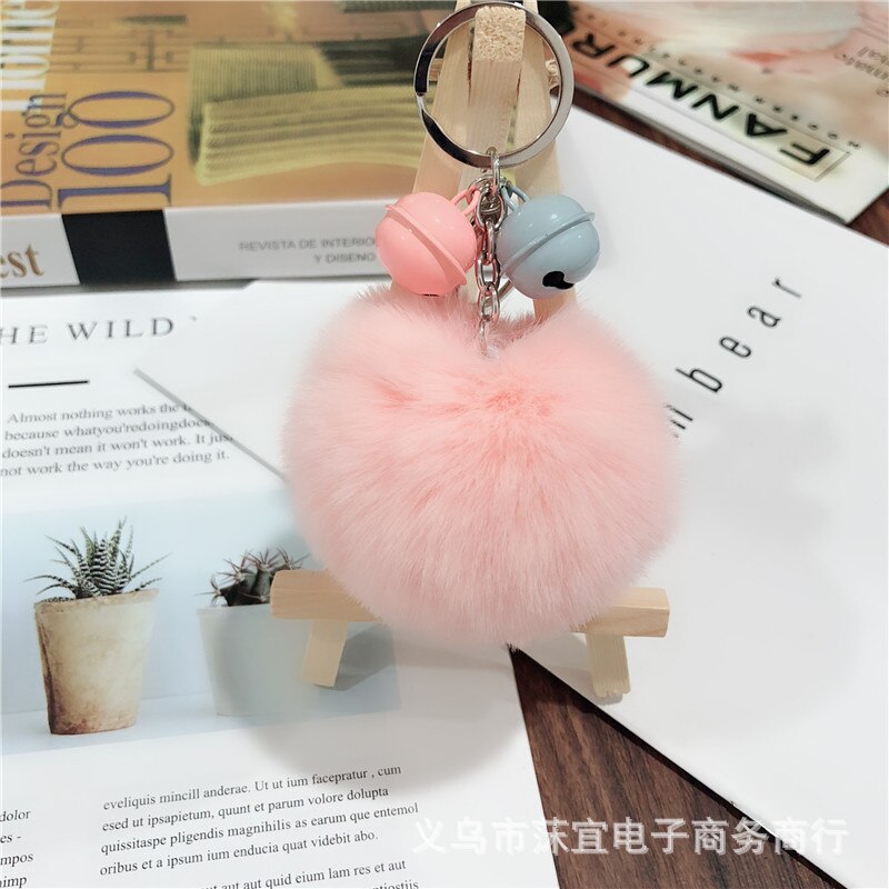 -love 8cm faux rex kanin pom-pom nøglering tiy kontrast farve klokke par taske tilbehør sydkorea små smykker tilbehør: Lyserød farve