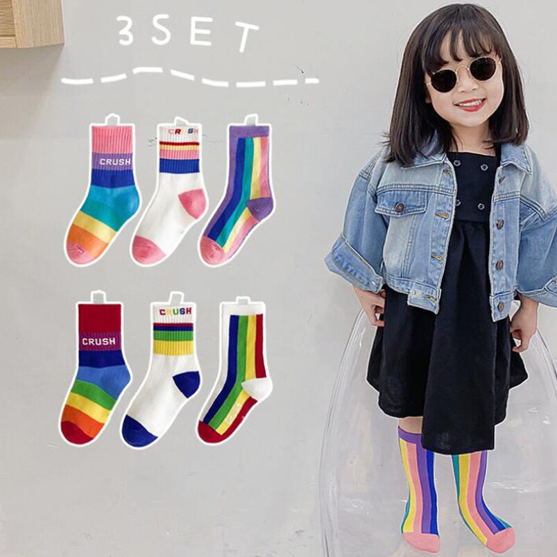 Calcetines para niños de algodón transpirables suaves, primavera y otoño, rayas del arco iris hasta la rodilla, ropa para niñas pequeñas, calentadores de piernas para niños