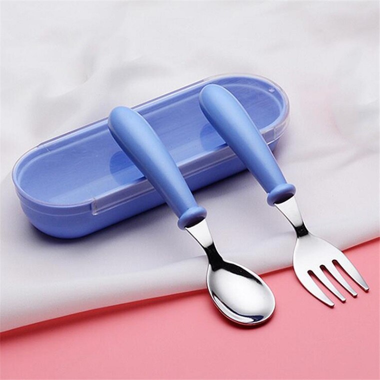Baby Gadgets Tableware Set Children Utensil Stainless Steel Toddler Dinnerware Cutlery Cartoon Infant Food Feeding Spoon Fork: Blue Type 1