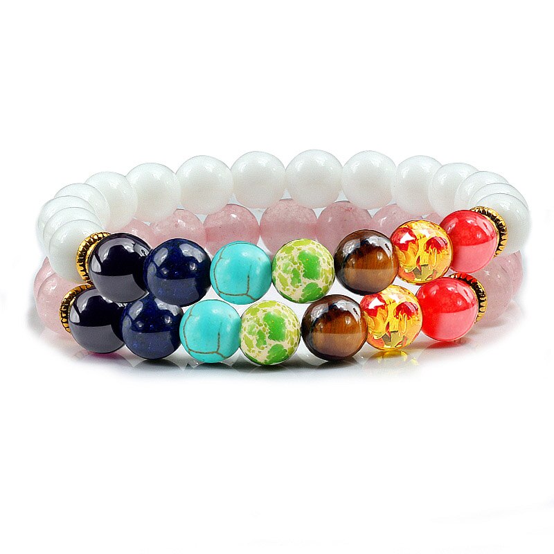 2 Stks/set 7 Chakra Lava Tijger Ogen Kralen Armbanden Healing Balans Boeddha Kleurrijke Natuursteen Mannen Armband Sieraden voor Vrouwen: White Pink