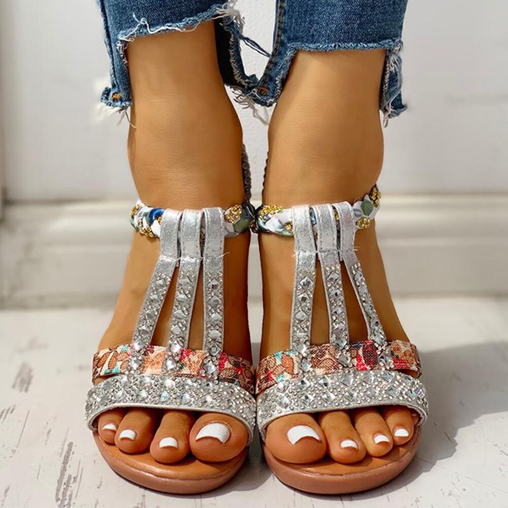 Gladiator Sleehak Elastische Band Kristallen Zomer Vrouwen Schoenen Vrouw Sandalen Strand Sandalen: Zilver / 34