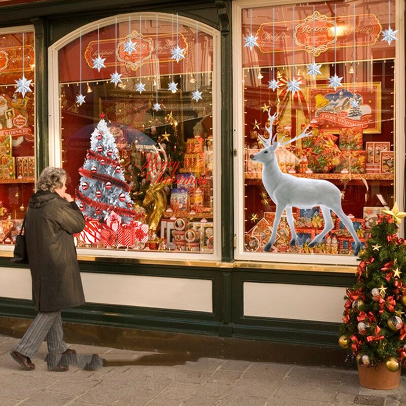 Store glædelige jul wallstickers vinduesglas udstillingsvindue hvidt træ hjorte hængende kunst mærkater juledekoration butiksindretning