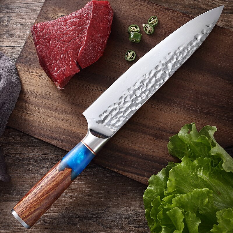 Traditional Handmade Forged Kitchen Knife Hammer Stainless Steel Chef's Chopper Cooking Knives Meat Slicer Butcher &amp; Case: sky blue
