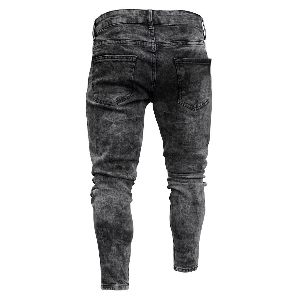 Men Knee Ripped Jeans Distressed Hole Biker Jeans Street Hip Hop Pencil Pants Black Stretch Skinny Fit Bottom Zipper Jeans