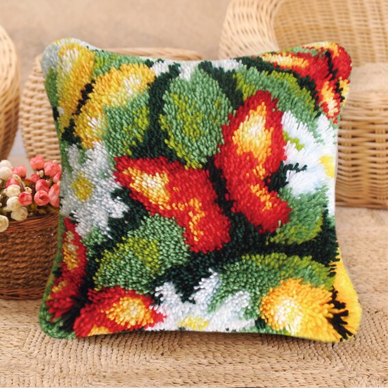 Prajna blomsterpude pude låsekrog sæt tæppe måtte gør-det-selv broderi håndarbejde hæklet pudesæt ufærdigt tilbehør 37 x 37cm: Sort