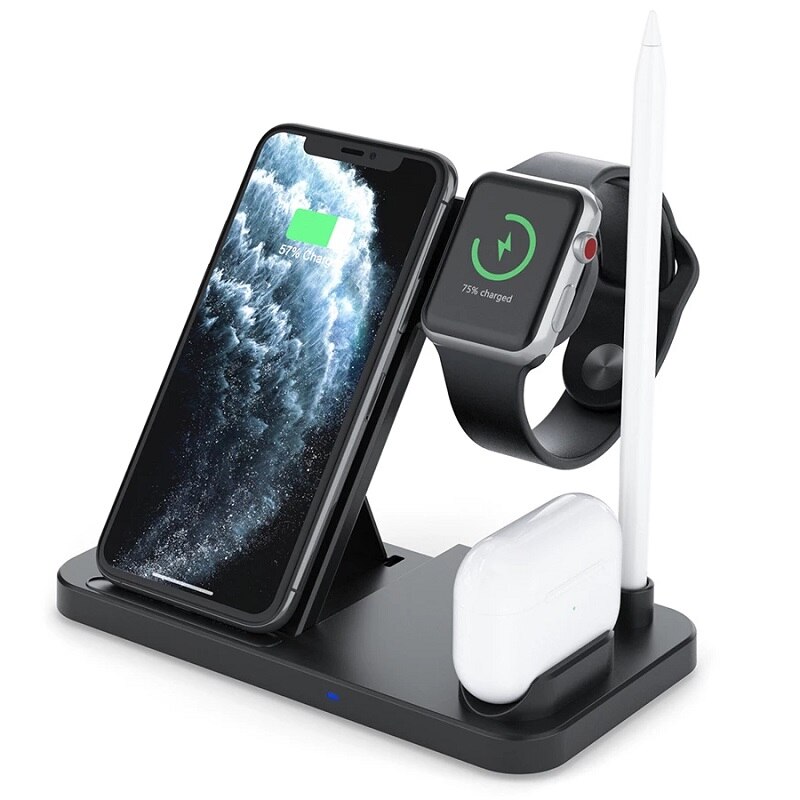 10W 4 In 1 Qi Draadloze Oplader Stand Voor Apple Horloge 6 5 4 3 2 Voor Iphone 12 11 X Xs Xr 8 Airpods Pro Snel Opladen Dock Station: 4 IN 1 Black