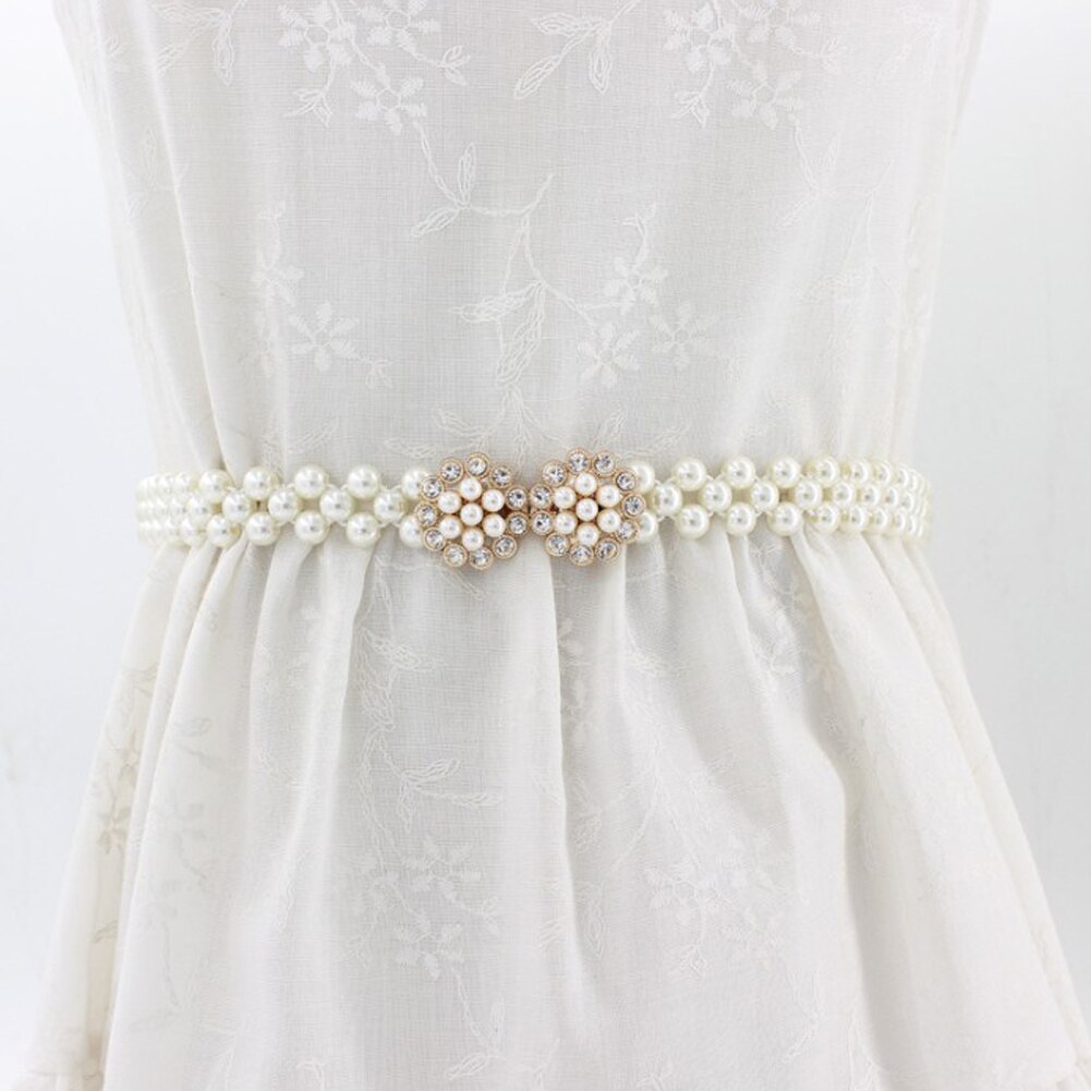 1PC Women Pearl Waist Belt Chain Rhinestone Elastic Pearl Dress Chain Belt Dress Decorative Belt Female Chain: 3