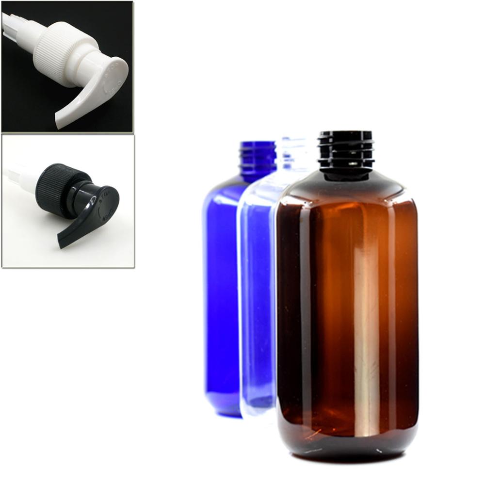250ml empty boston round plastic bottle , clear/amber/blue pet bottle with black/white lock pumps
