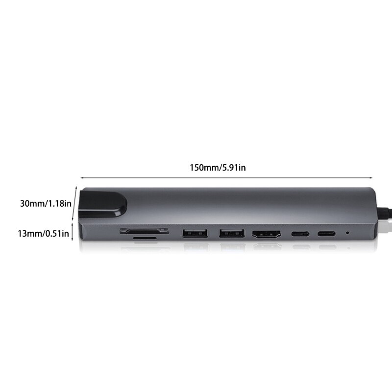 8-in-1 Type C Hub Laptop Computer Peripheral Docking Station USB Adapter with 65W PD HDMI-compatible SD/TF Card Reader