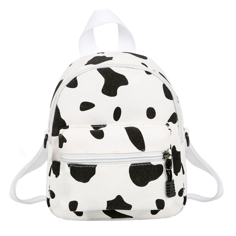 Women Multi-pocket Backpack Cow Milk Pattern Large Capacity Backpack Canvas Daily School Bag For Teenager Girls: Small White