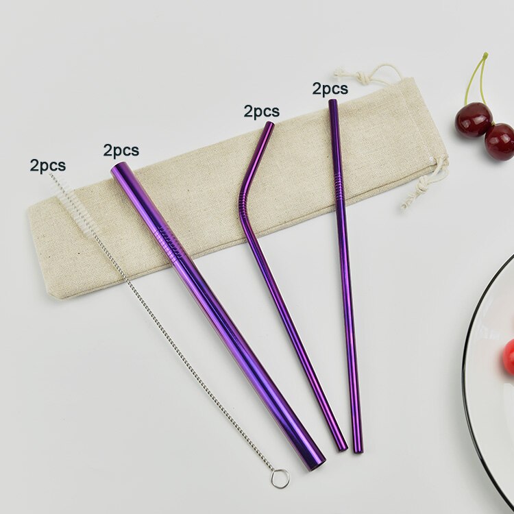Kitchen Accessories Gadget Reusable 304 Stainless Steel Drinking Straws Metal Drinks Cup Straw With Clean Brush and bag set: Purple