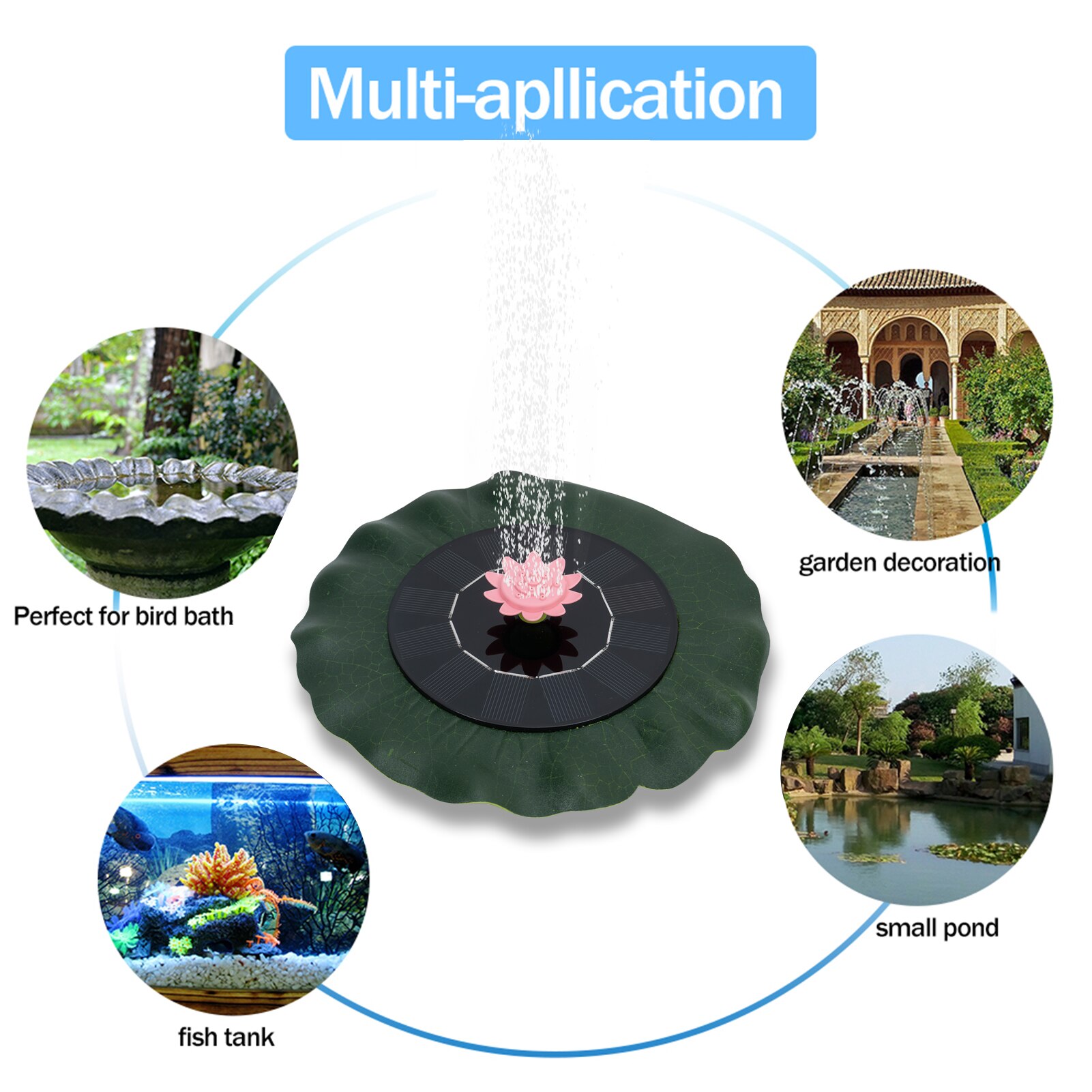 Lotus leaf Fountain with 9 Nozzles Solar Powered Floating Circle Fountain Pump Free Standing Garden Fountain Pump for Bird Bath