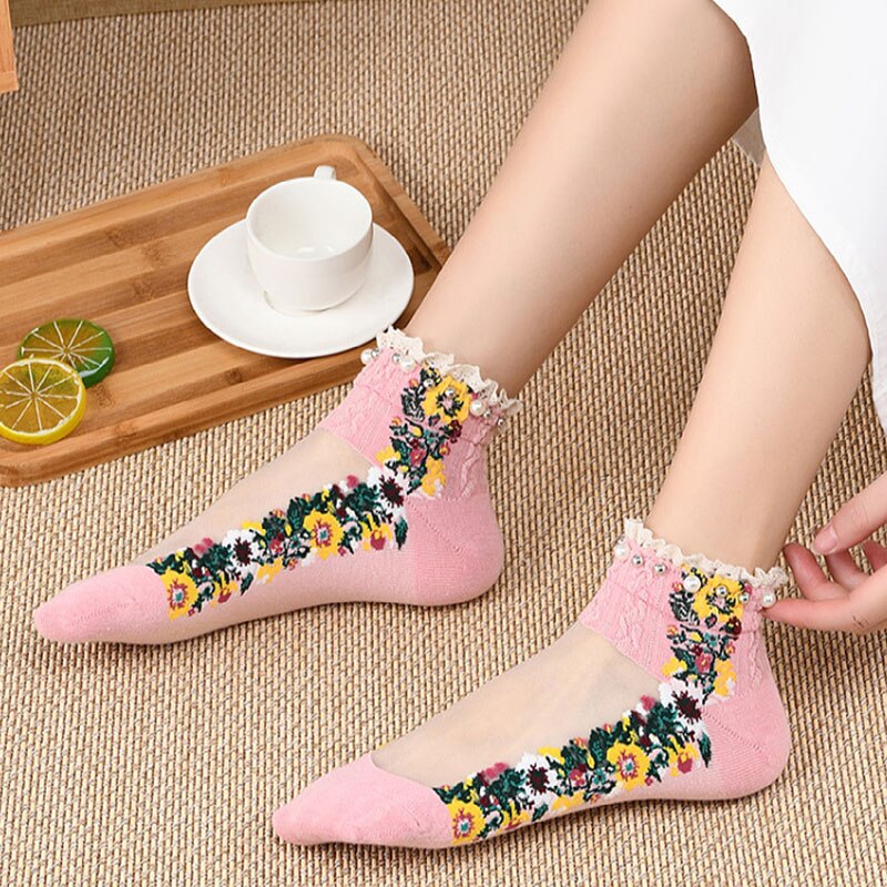 Spring Summer Retro Ankle Socks Pearl LIttle Floral Sock Mesh Patchwork Breathable Cotton Scck Cute Soft National style Hosiery