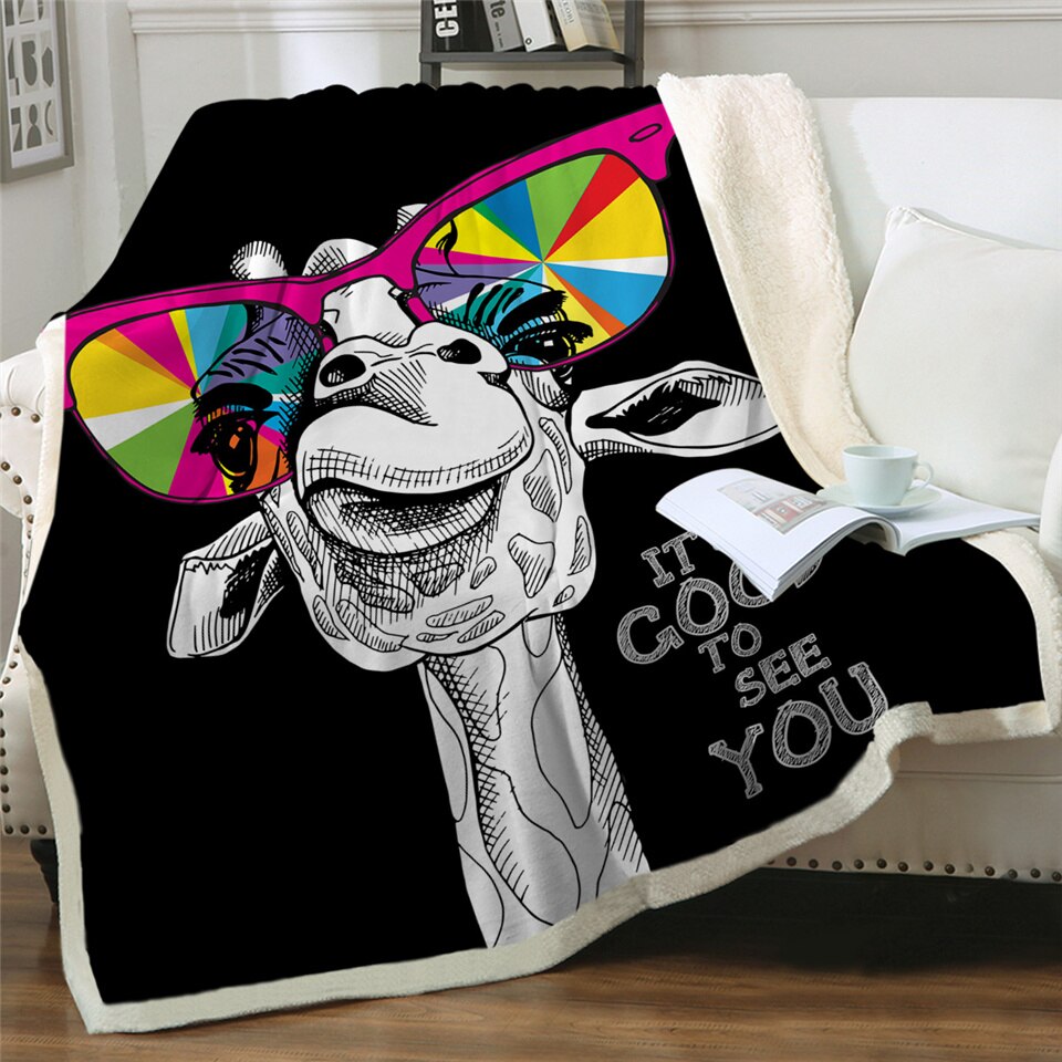 Grappige Giraffe Sherpa Deken Dieren Dekens Voor Bedden Regenboog Zonnebril Zachte Pluizige Mode Deken: YELLOW / 150cm x 180cm