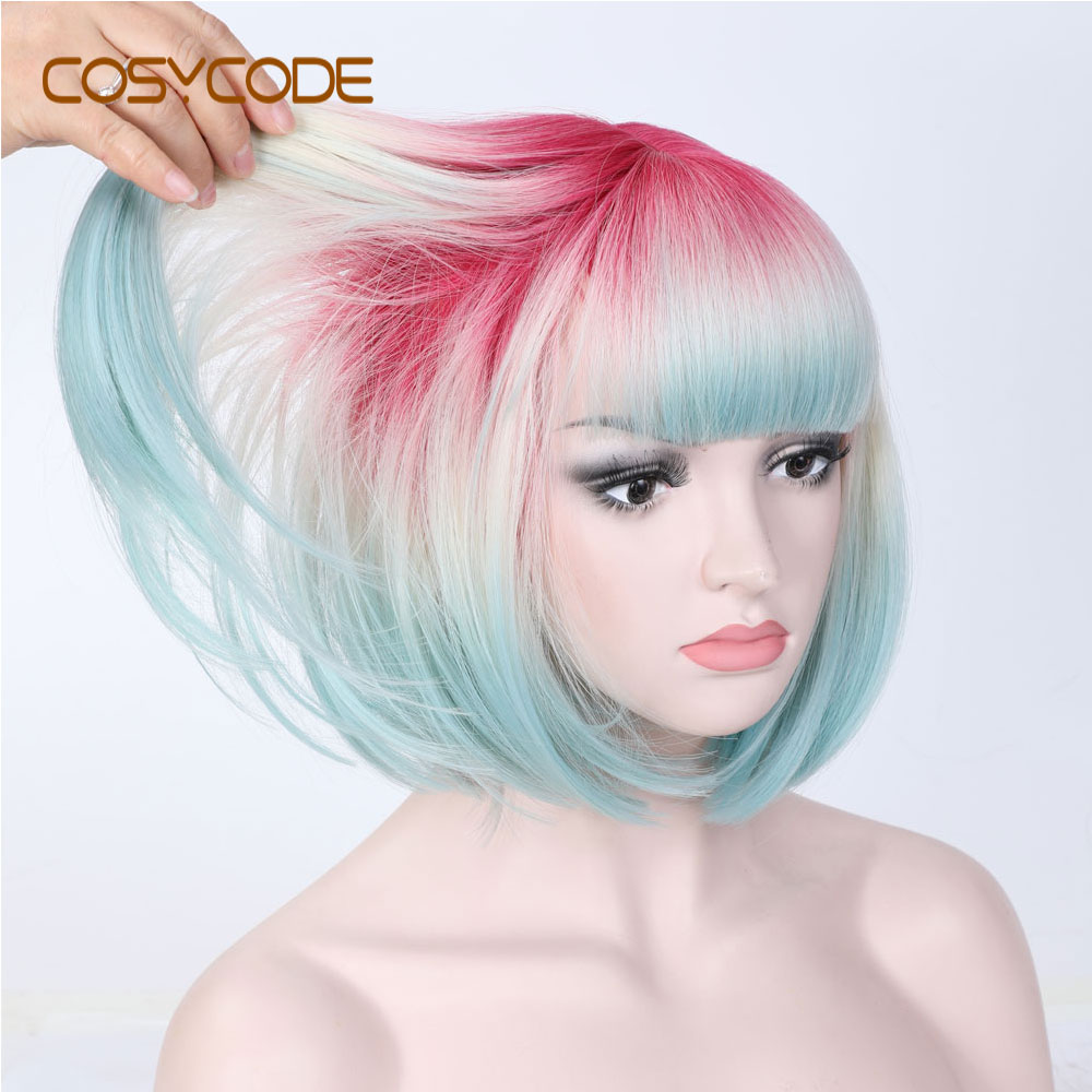 Cosycode Ombre 3 Tone Bob Pruik Met Pony 12 Inch Korte Rechte Synthetische Pruik Voor Vrouwen Roze Beige Blauw 3 kleuren Gemengde Cosplay