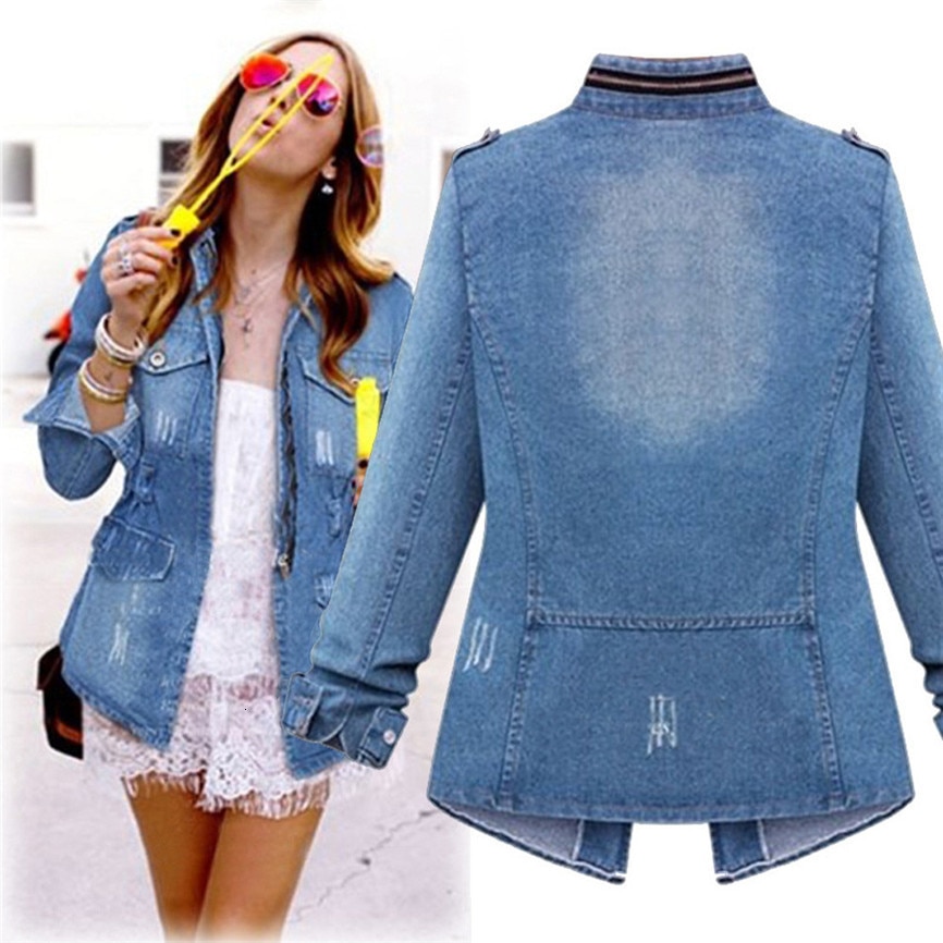 Women's Denim Jacket Plus Size Casual Women's Ladies Denim Oversize Jeans Chain Pocket Coat Warm Jackets Woman Plus Size #FU