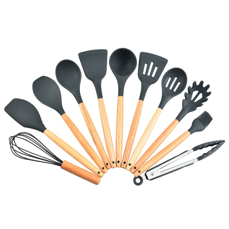 Cooking Utensils Set with Holder for Kitchen Non Stick 11 Pcs Cookware with Wooden Handle Cooking Accessory MAZI888