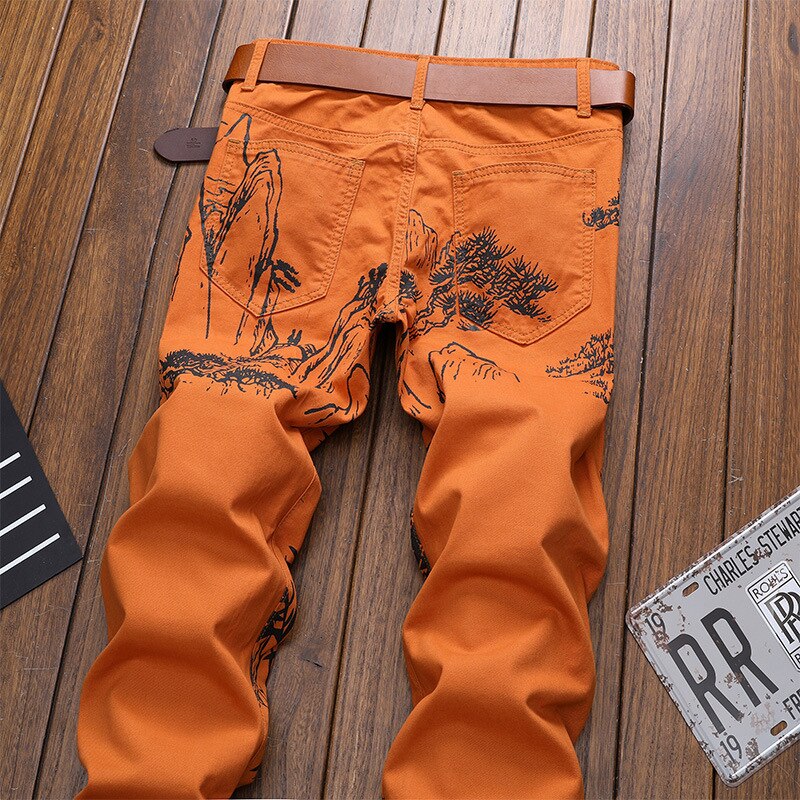 Pantalones vaqueros elásticos con estampado de tigre para hombre, vaqueros elásticos ajustados con pintura de tinta china a la