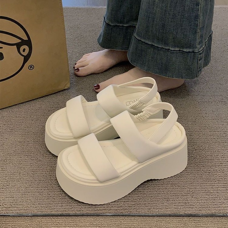 Sommer chunky sandaler dame kilehæle slides 8cm høje hæle læder afslappet kvinde strand tyk bund flip-flops: Beige / 39