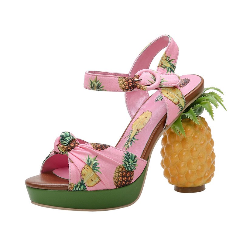 Kvinders peep toe pink ananas frugt printede sandaler sommer mærkelige højhælede slingback sko pumps ankel spænde sød  c403