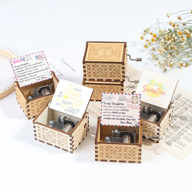 Wooden Hand Cranked Engraved Music Box Happy Birthday For Festival