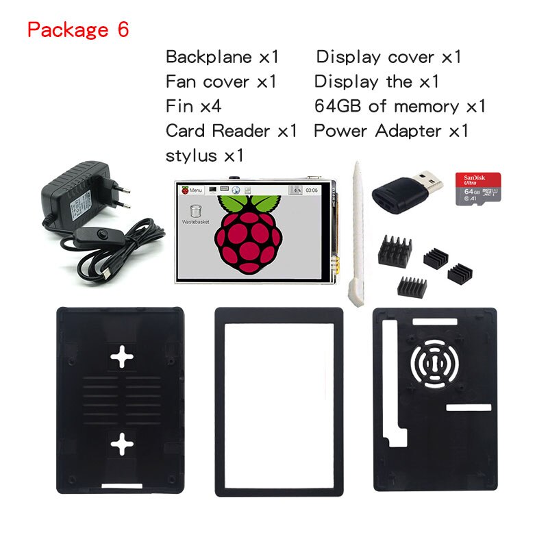 Für Raspberry Pi 4 Touch Screen 3,5 zoll TFT LCD 480*320 GPIO Display mit ABS Fall + Power + Fan + 64GB Karte für Raspberry Pi 4B: Package 6