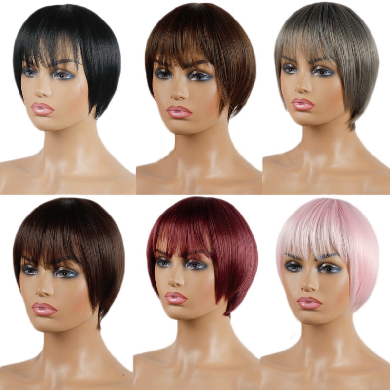LINGHANG, peluca recta en color rojo corto, gris, pelucas de pelo Pixie con estilo cortado para mujeres, pelo sintético, fibra de alta temperatura