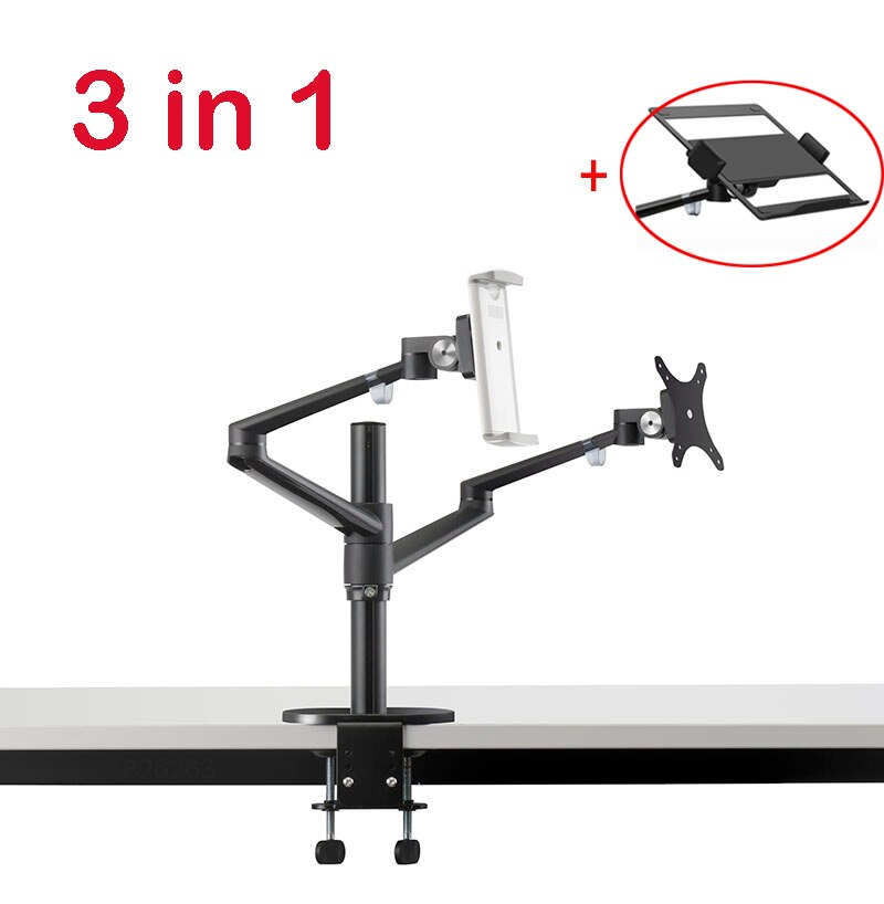 OL-3T Aluminium 3 In 1 Hoogte Verstelbare Desktop Dual Arm 17-32 Inch Monitor Houder + 10-17 inch Laptop Stand + 14 Inch Tablet Mount: Black