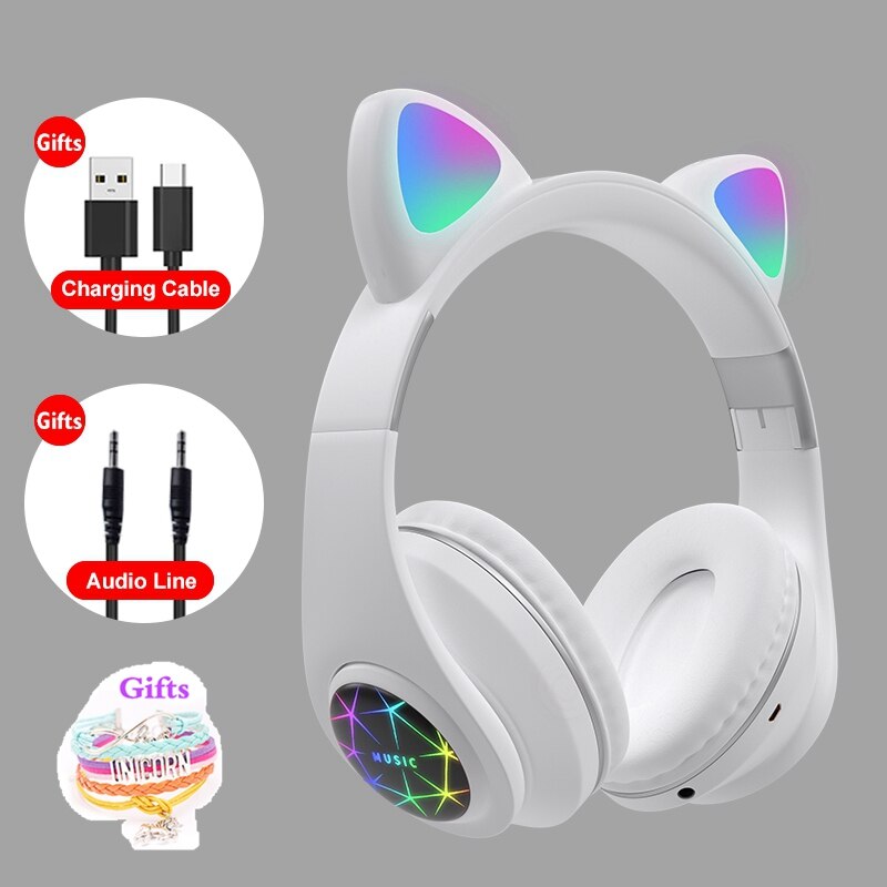 RGB Cat Ear Headphones Bluetooth 5.0 Noise Cancelling Adults Kids girl Headset Support TF Card FM Radio With Mic bracelet: white