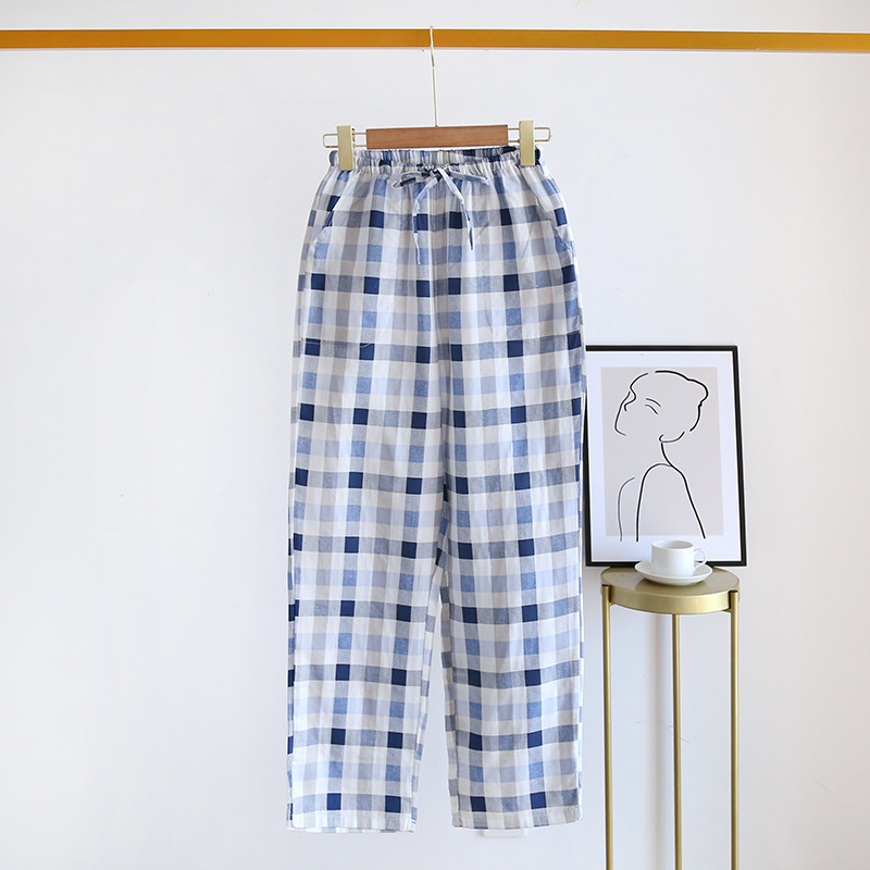 Pyjama en coton à carreaux pour femmes, pantalon ample, taille élastique, décontracté, simple, confortable, doux, pour la maison, printemps, 2022: Navy1 / XL