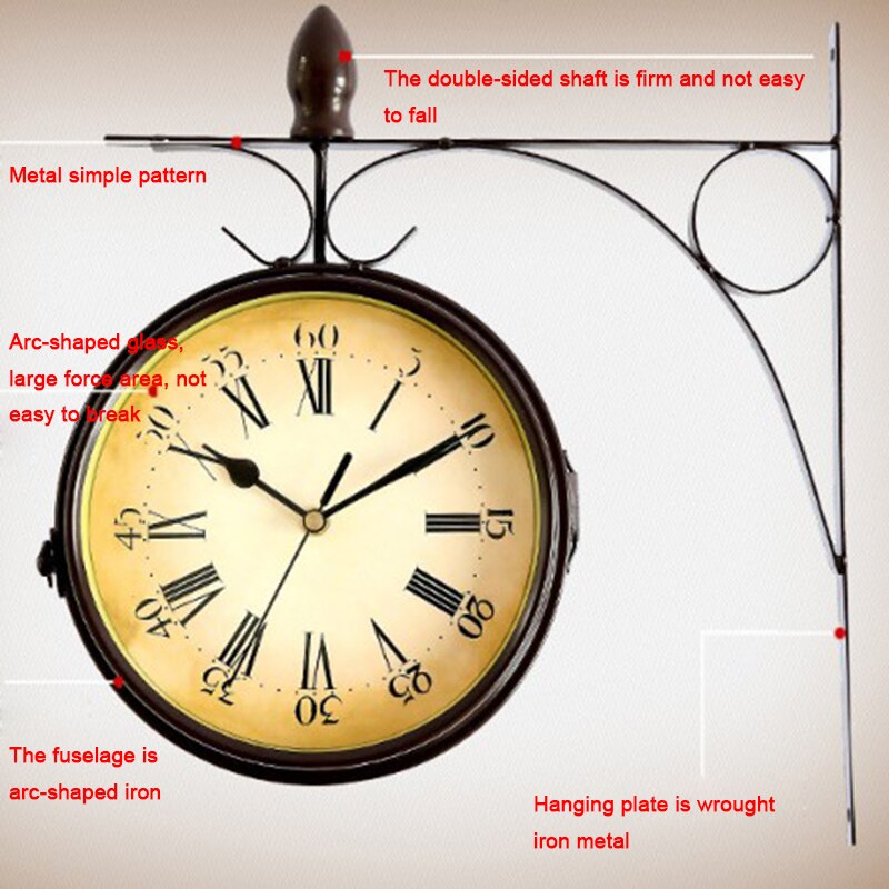 European Retro Double Sided Wall Clock Double-sided Hanging Clocks Living Room Home Decoration Silent Needle Quartz Wall Watch