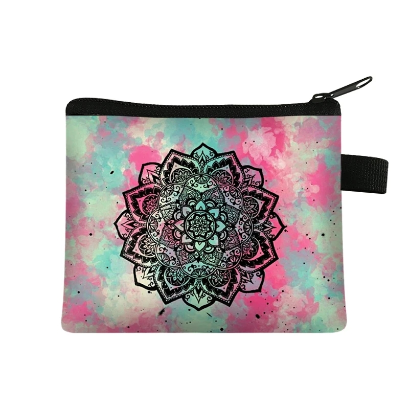 Møntpung dame lille pung dame flerfarvet mønster sød møntpose mandala blomsterprint id kreditkort etui mini møntholder: Blomme