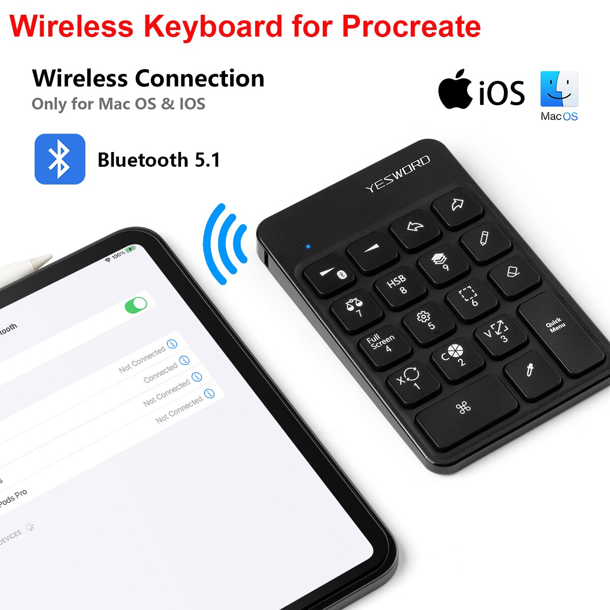 YESWORD Wireless Keyboard for Procreate Bluetooth Drawing for iPad Graphics Tablets Painting 6.5*5.5&quot; Rechargeable PK Aoiktye 2
