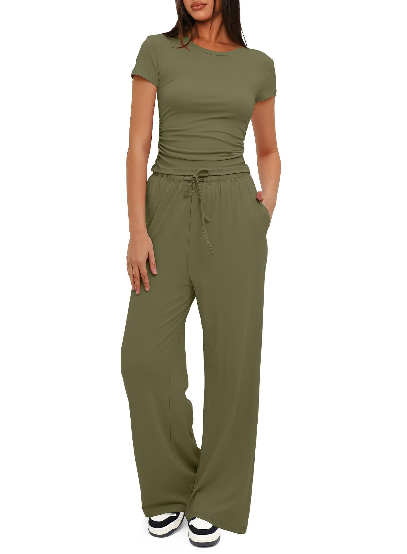 Conjunto de dos piezas para mujer, camiseta y pantalones de pierna ancha, manga corta, cintura alta, sólido, multicolor, deportivo, Yoga, chándal informal