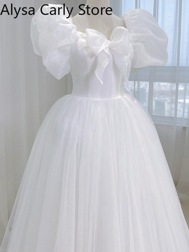White Sweet Princess Dress Women Bow Puff Sleeve Korean Kawaii Midi Dress Female Autumn Casual Evening Party Dress