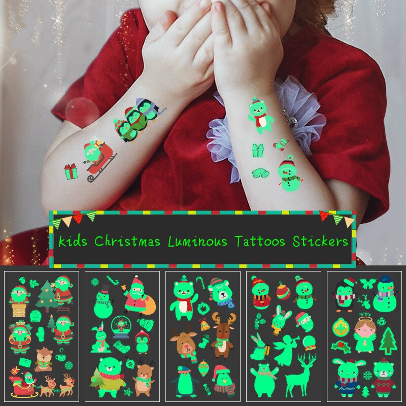 Autocollants de tatouages lumineux brillants brillent dans les tatouages temporaires des enfants sombres enfants autocollant mignon imperméable Fluorescent de noël
