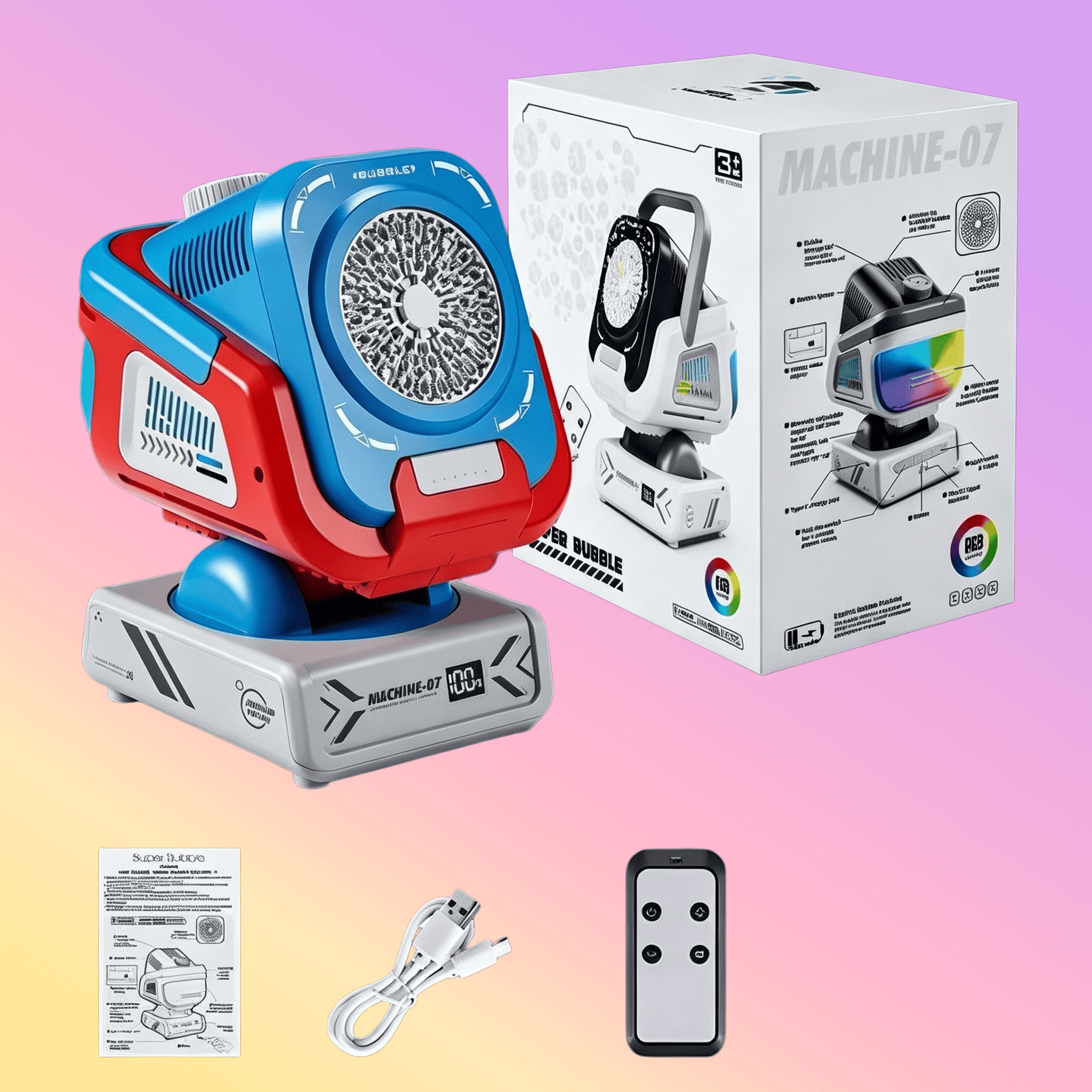 Diese verbesserte Seifenblasenmaschine von 2026 verfügt über eine Fernbedienung, automatische Drehung und RGB-Lichter. Es unterstützt das beladen über USB-C mit integrierter Funktion.: Blau