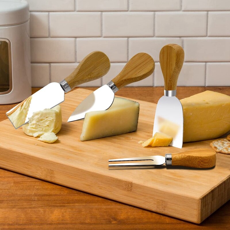 4 Pieces Set Cheese Knives with Bamboo Wood Handle Steel Stainless Cheese Slicer Cheese Cutter (Bamboo Handle)