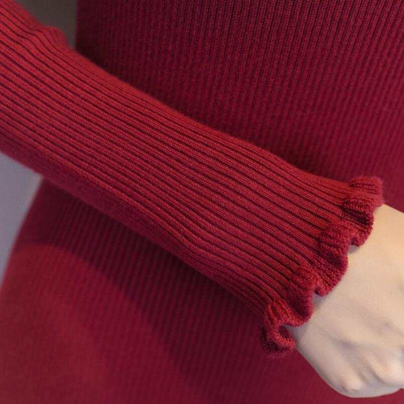 Ruffled Collar Sweater Dress Autumn Winter Women Solid Color Ruffles Cuff Pullovers Female Cute Knitted Dress