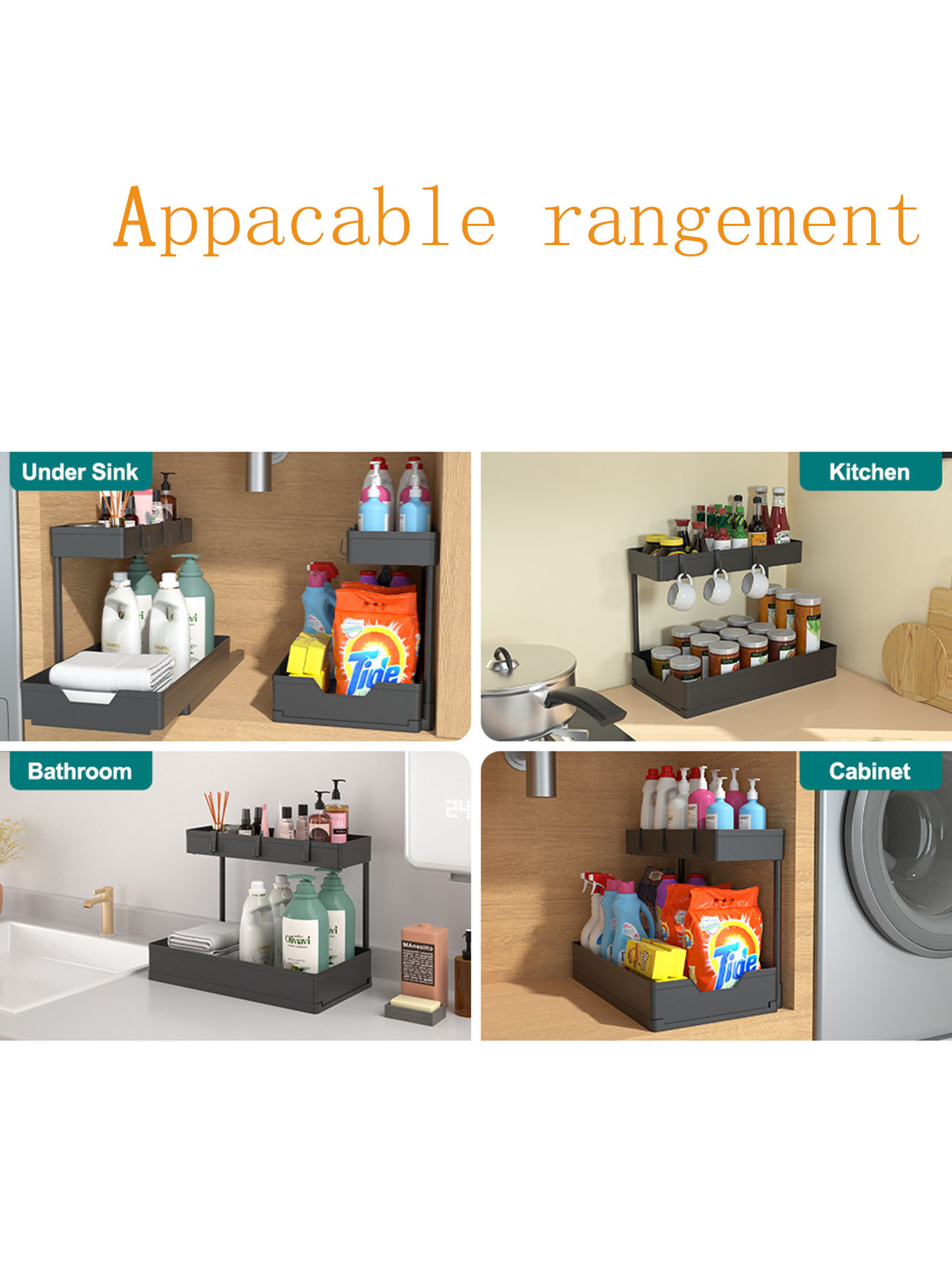 Under Sink Organizer Holder Kitchen Cabinet Drawers Organization Shelf with Double Sliding L-shape Narrow Space Storage Rack